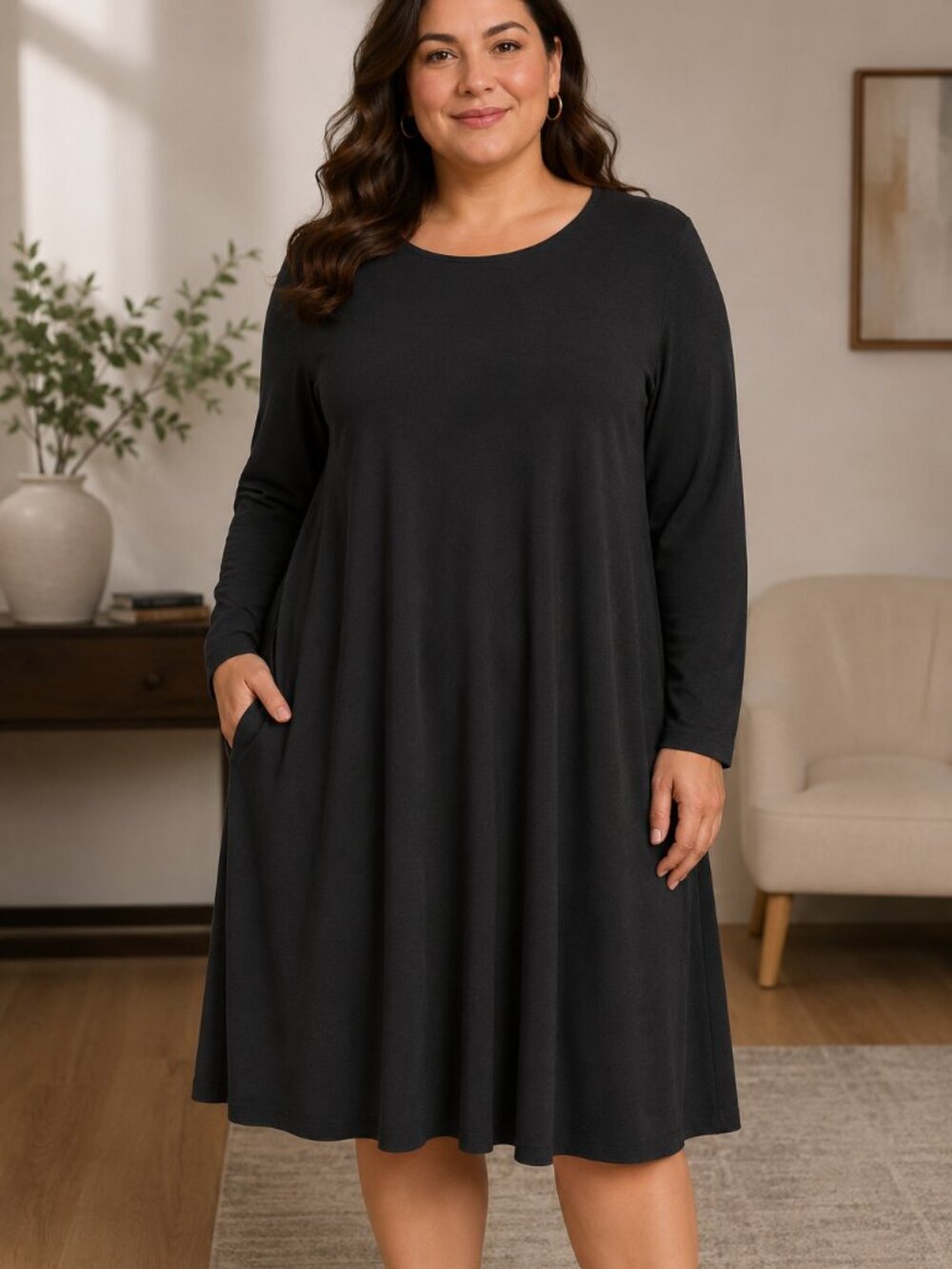 Soho Street Stretch Swing Dress Black XL Long Sleeve Pockets Minimalist Casual